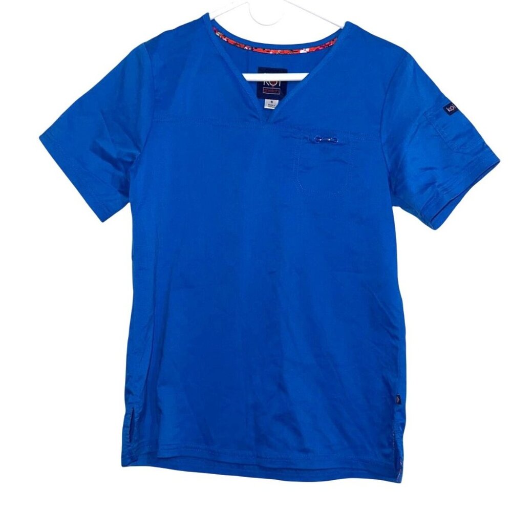 Koi Stretch Womens Scrub Top Small Blue Short Sleeve V-Neck Polyester/Cotton